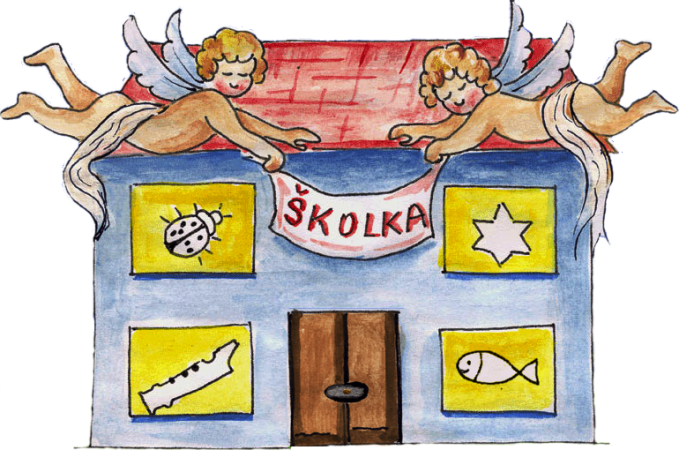 Kreslený obrázek školky s andílky na střeše